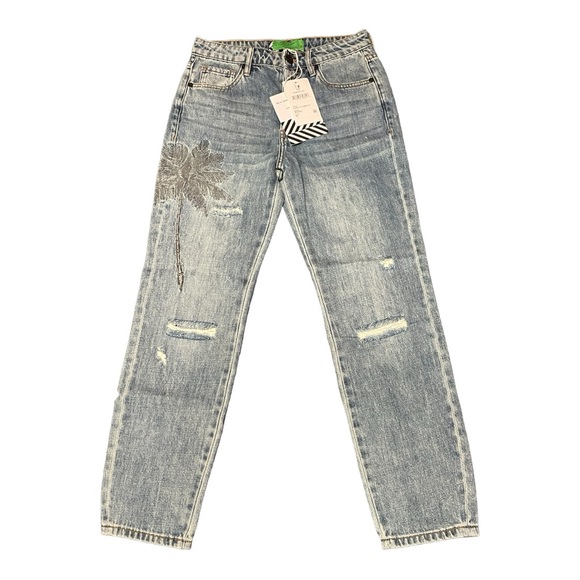 🆕 FREE PEOPLE Sandrine Rose Embroidered Palm Tree🌴 Skinny Jeans🌴 - 5 Button Fly - Picture 4 of 11